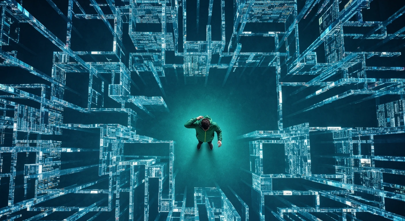 Aerial view of a person navigating through a complex, illuminated network of digital news feeds and data streams. The scene is dominated by geometric patterns in deep blue and green, conveying information overload.