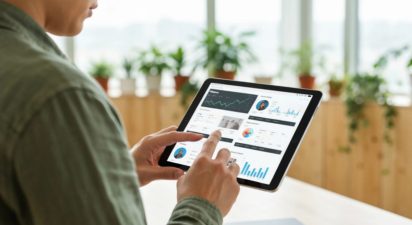 A person in a green shirt interacts with a tablet showing news portal dashboards, symbolizing platform selection and management in a brightly lit, modern environment.
