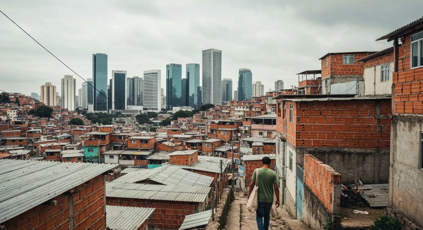 Aerial view showing the stark contrast between a densely populated favela with colorful, weathered homes and modern glass skyscrapers in a Brazilian city, under an overcast sky, representing social inequality.