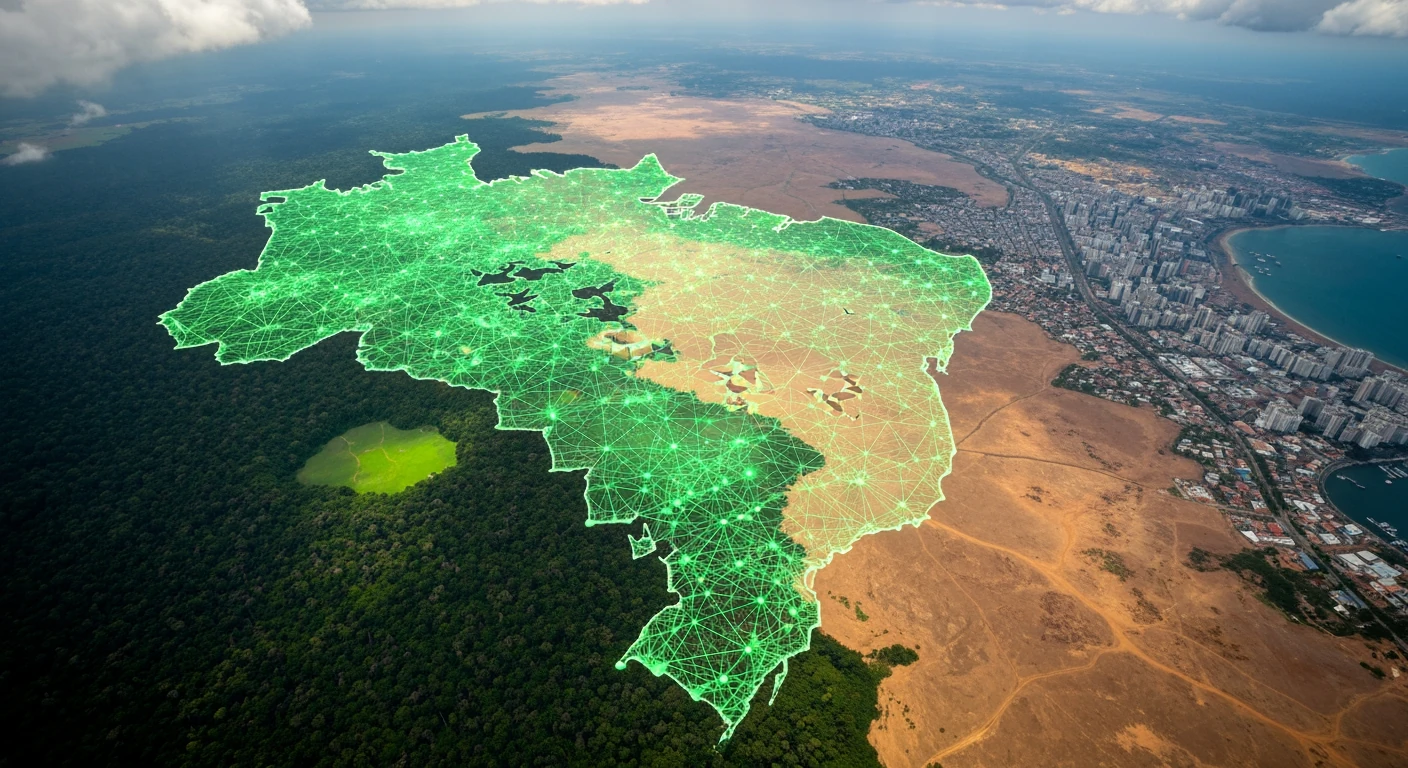 An aerial drone view of Brazil showing a fragmented digital map overlay on diverse landscapes, illustrating the digital transformation and infrastructure challenges.