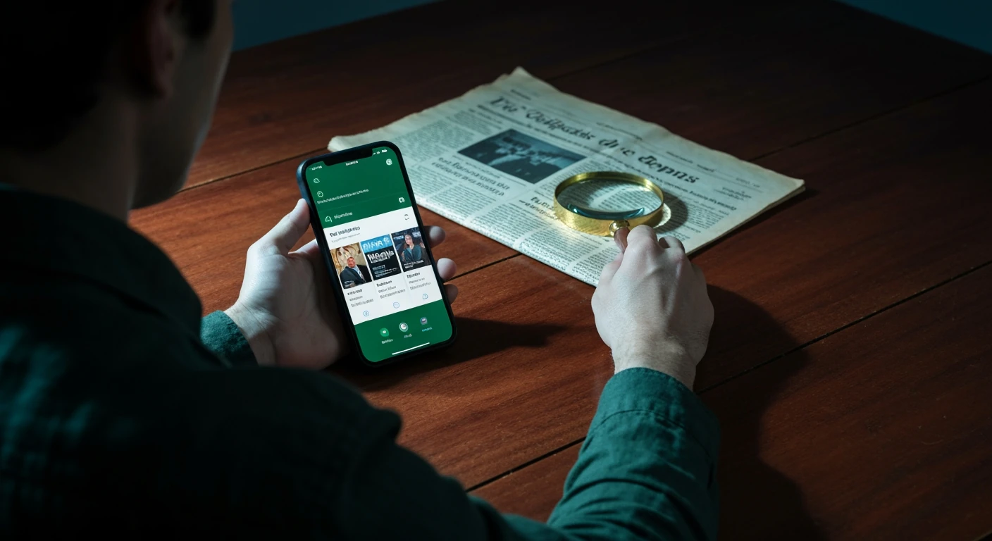 A person views news on a modern smartphone, with an old folded newspaper and magnifying glass nearby on a mahogany table, symbolizing Brazil's evolving media landscape.