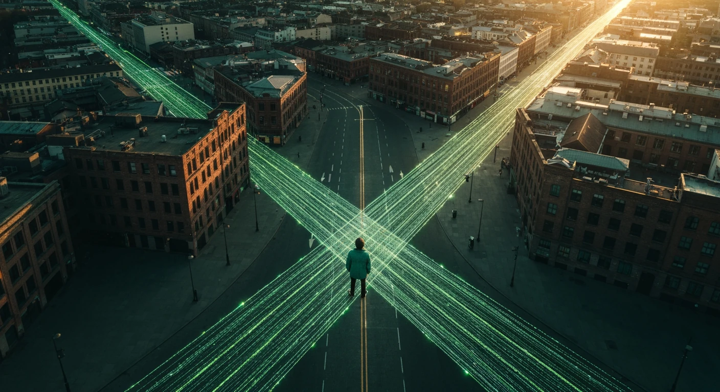 Aerial drone view of a person standing at a crossroads of glowing green digital data streams in an urban landscape at dawn, representing the shift in news consumption.