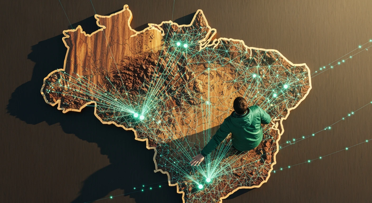 Aerial view of a detailed bronze and wood map of Brazil with glowing green-blue data overlays highlighting economic and environmental significance, a person in a green jacket points at the Amazon region.