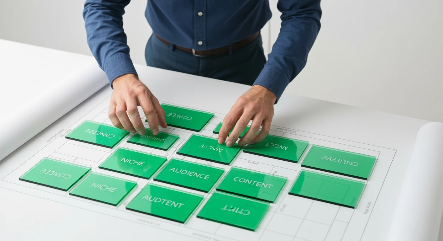 An overhead view of a person arranging green translucent acrylic pieces labeled niche, audience, and content on a white table, symbolizing strategic planning for a news portal launch.