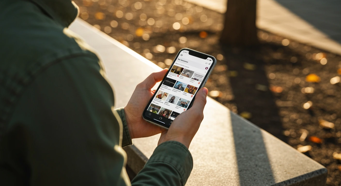 A person viewing a personalized news feed on a smartphone on a concrete bench in an urban park, illustrating modern digital news consumption.