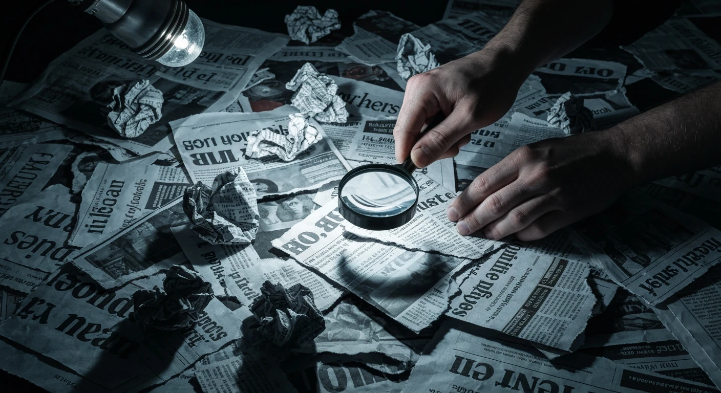 Close-up of a person's hands sifting through crumpled newsprint fragments, focusing on one piece with a magnifying glass under dramatic side lighting, symbolizing misinformation.
