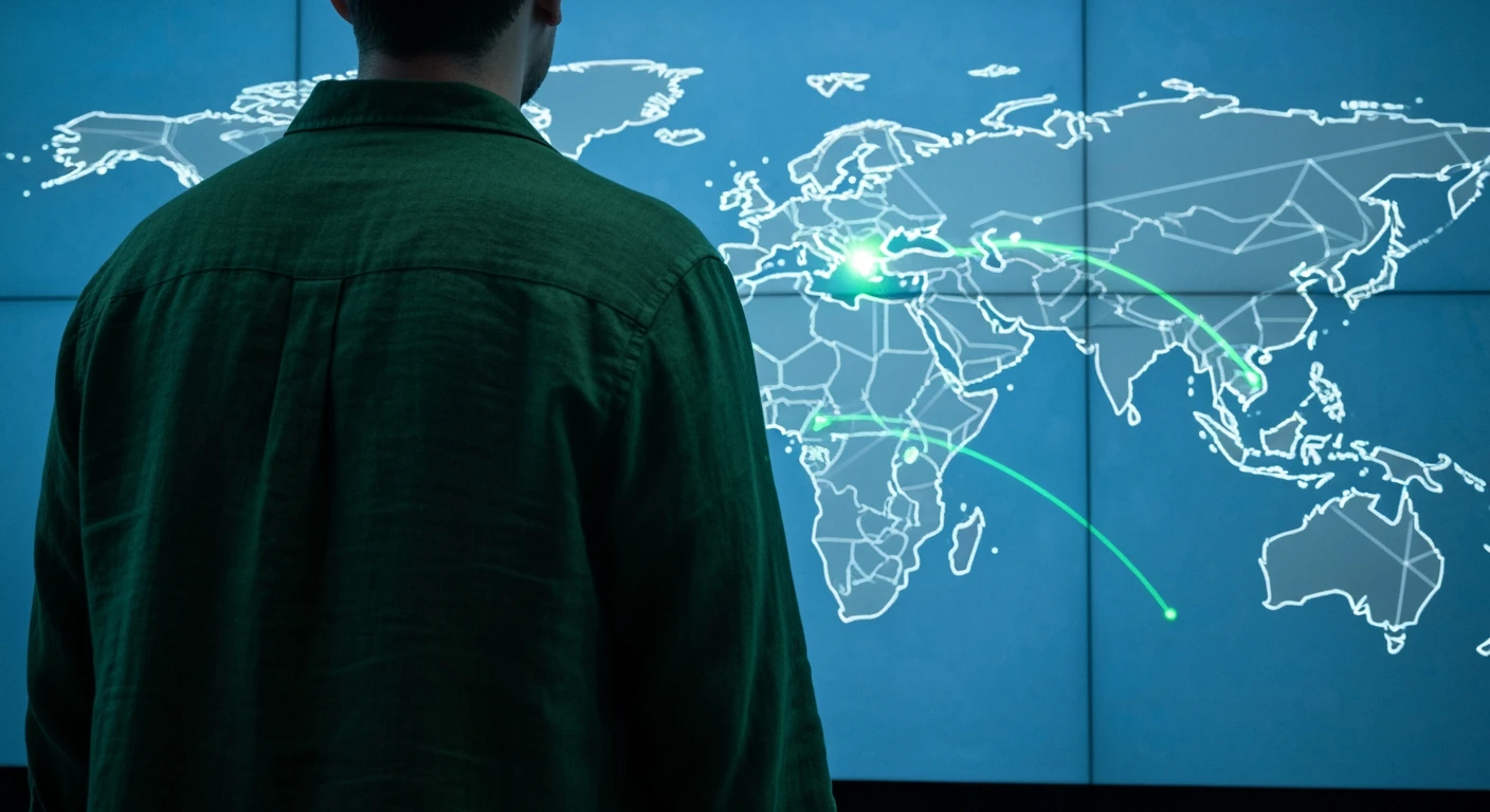 A person viewing a fragmented global map on a minimalist display, with green data streams symbolizing 'Master Breaking News' dissemination.