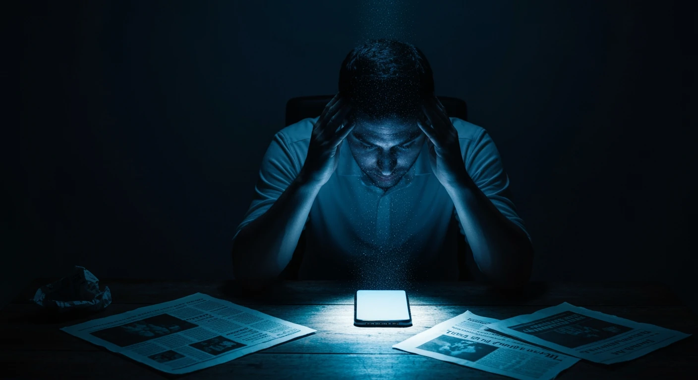 A person (mid-body crop, no face) in a dimly lit room, hands pressed to temples, surrounded by crumpled newsprint on a dark wooden desk. A glowing smartphone illuminates their face with harsh blue light, suggesting news overload and mental exhaustion.