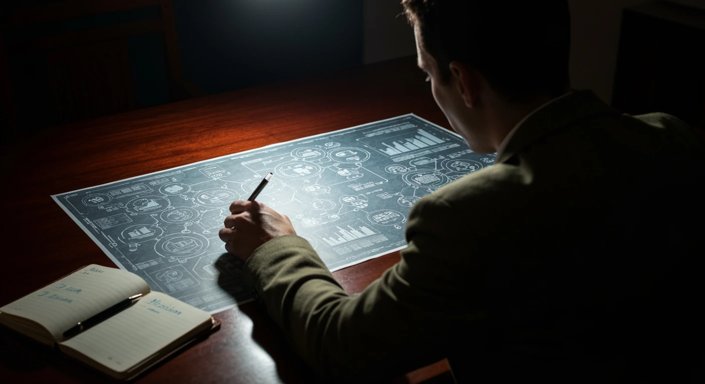 Person studying a strategic blueprint for a news portal, focusing on niche and mission, under dramatic chiaroscuro lighting.