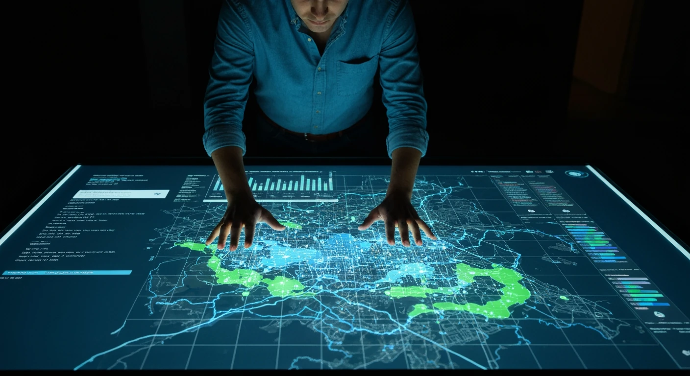 An overhead view of a person analyzing holographic data visualizations on a large interactive table, showing news consumption patterns in a city grid with green engagement indicators.