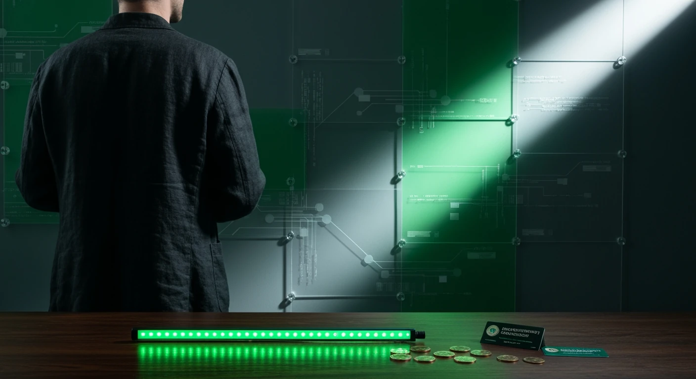 A person observing an abstract installation of interconnected green and gray panels, symbolizing a news portal's features and core components, with elements representing user experience and monetization.