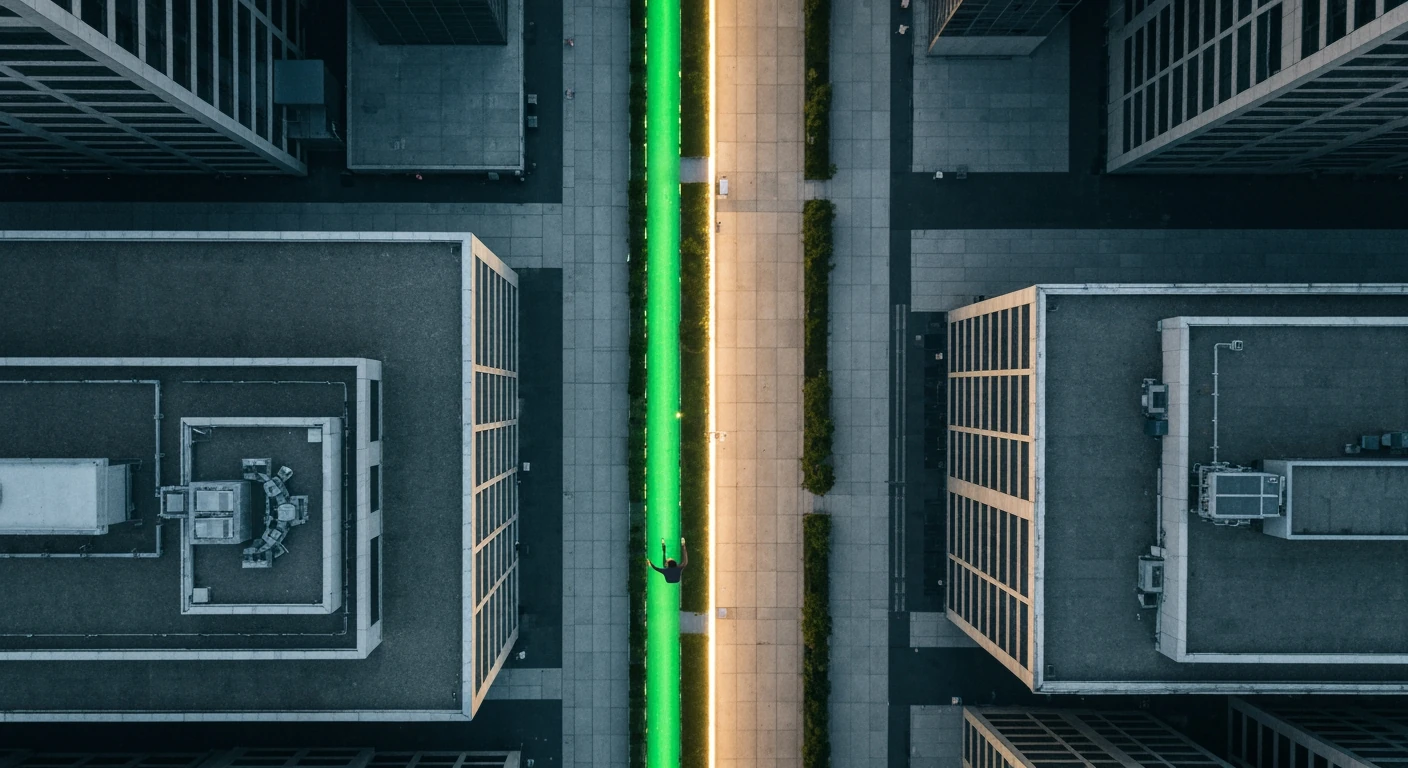 Aerial view of a person tracing an emerald green pathway through a geometrically patterned urban landscape at dawn, symbolizing a news portal's niche and audience.