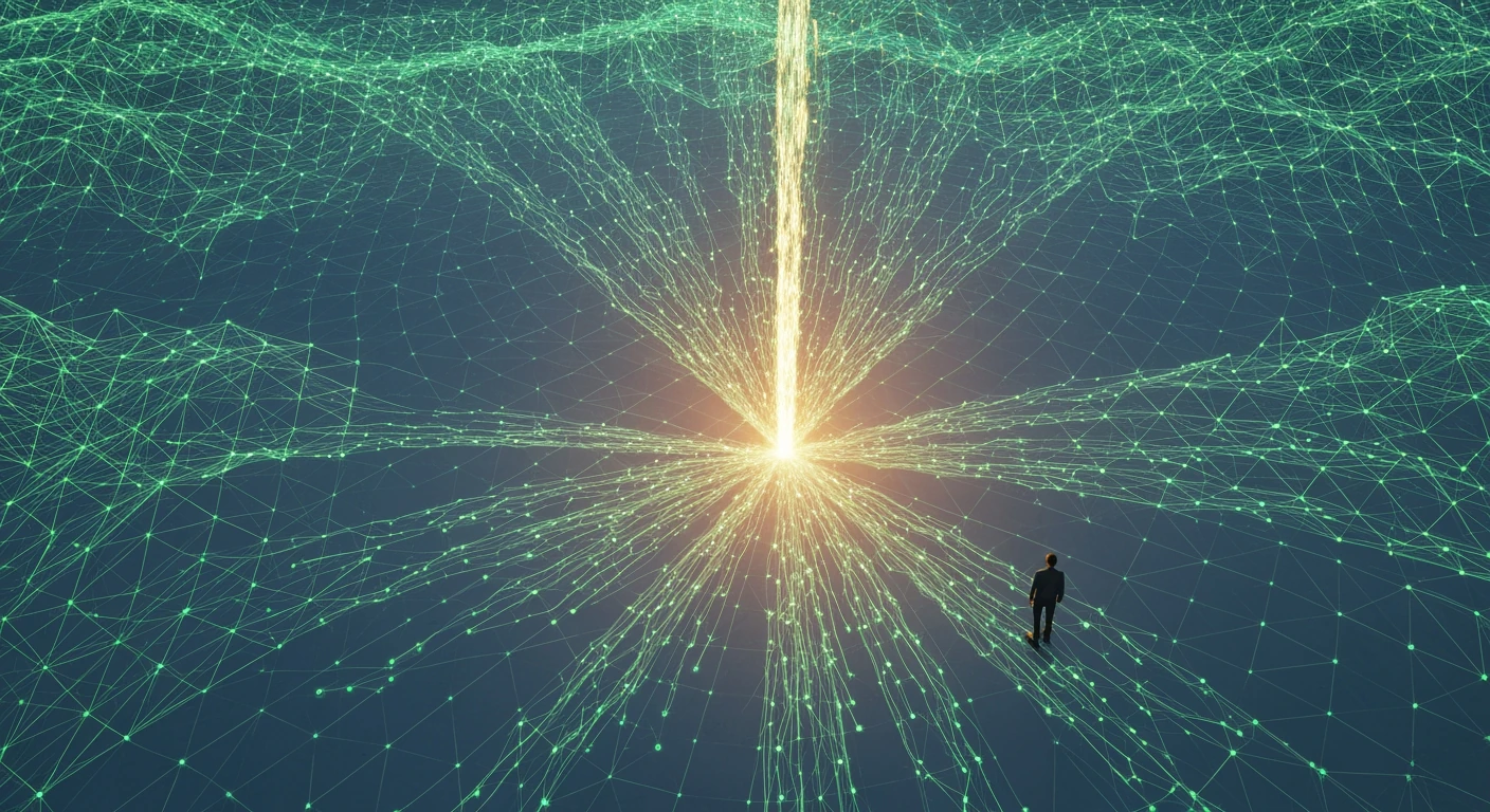 Aerial view of glowing green digital data pathways merging into an intense, overwhelming cascade onto a dark, textured surface, observed by a single person.