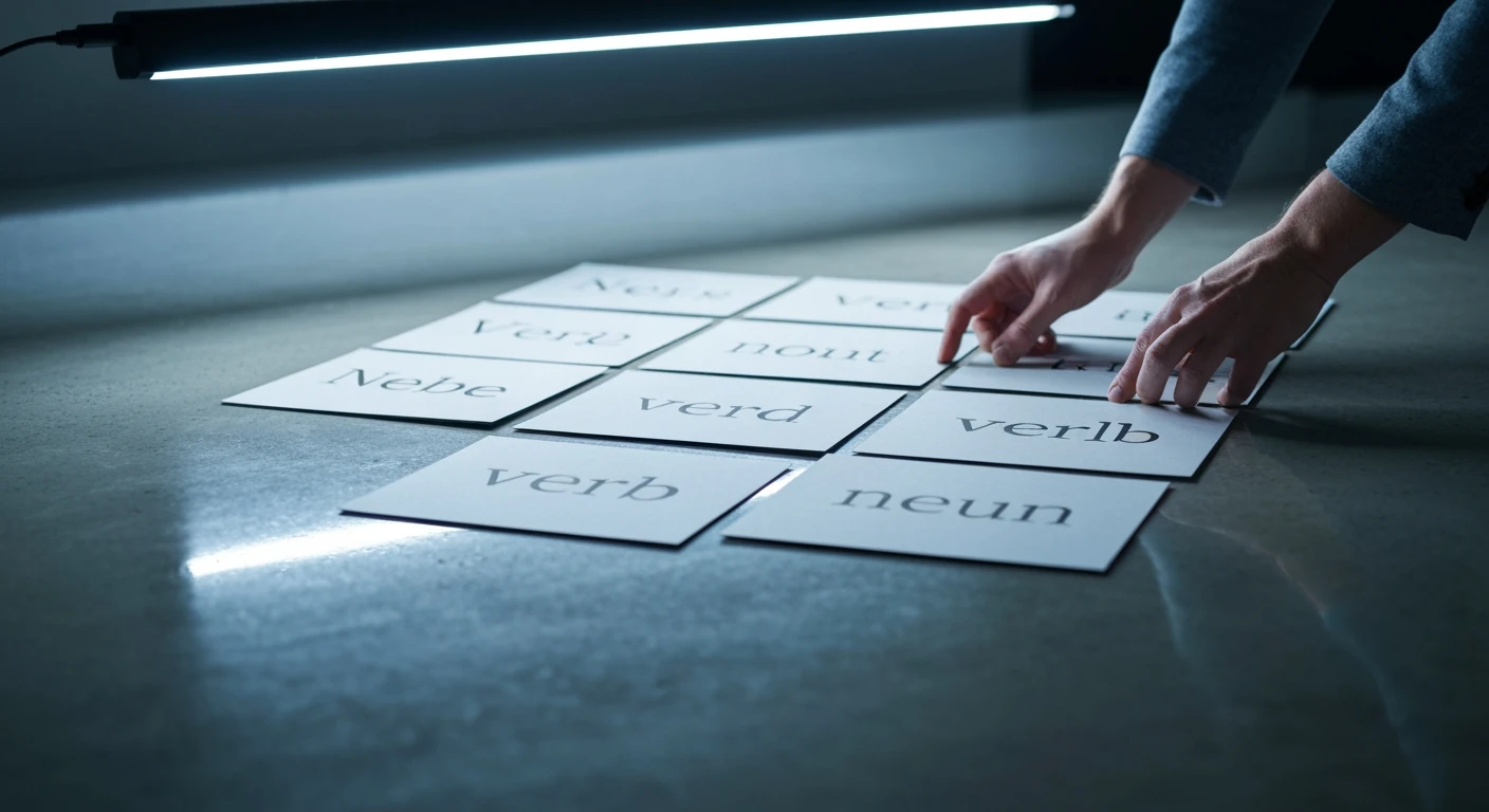 A person's hands meticulously arranging gray news headline cards in a geometric grid on a polished concrete surface, illustrating narrative construction.