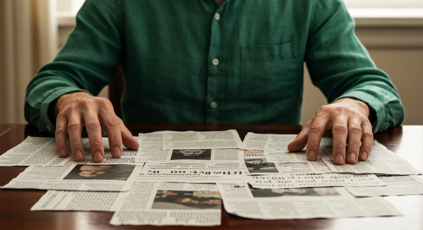 A person, wearing an emerald green shirt, sifting through a mosaic of news headlines and articles on a mahogany desk, conveying information overload.