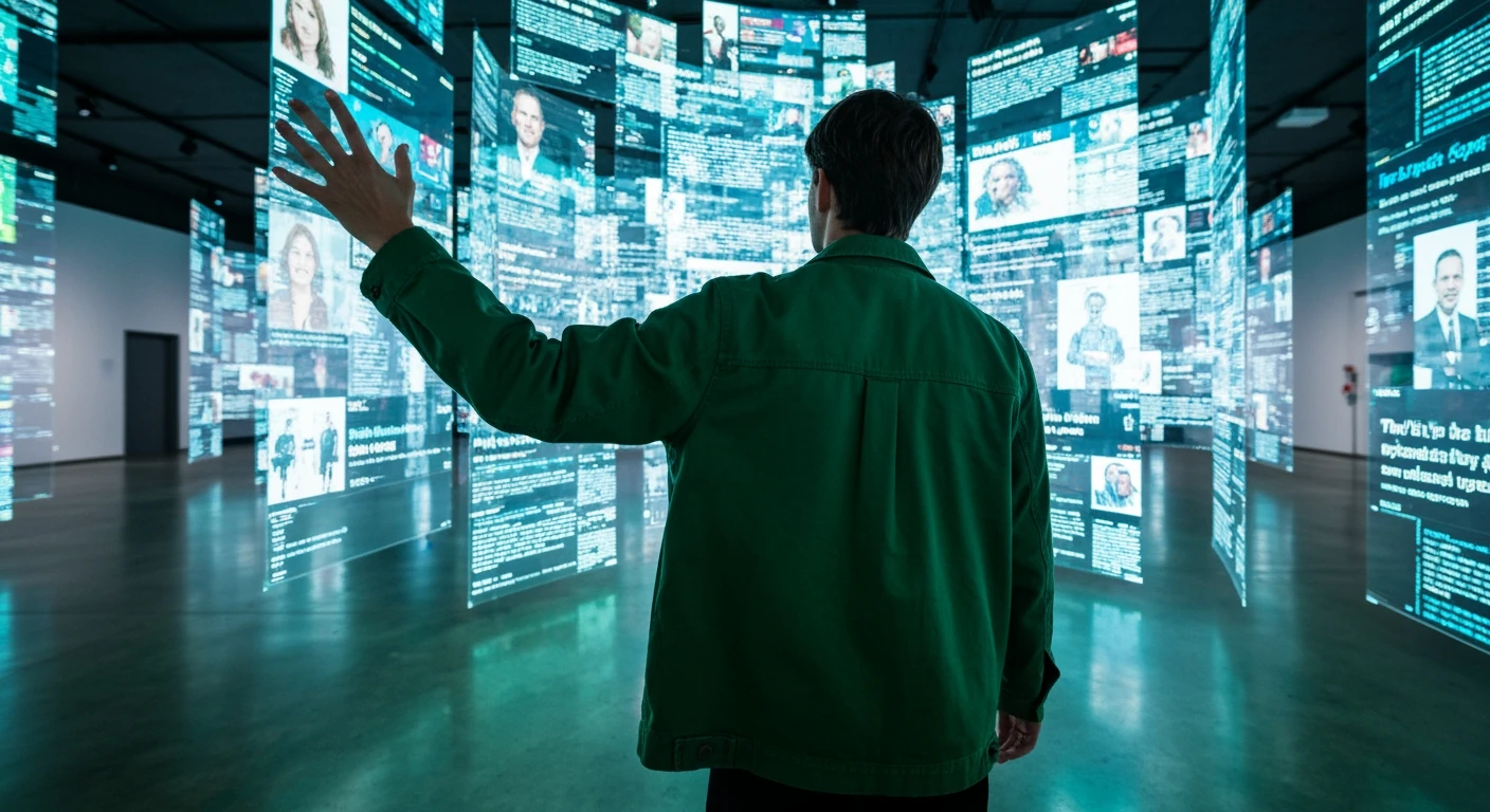 A person, seen from behind, standing amidst a chaotic, swirling projection of digital news headlines and social media feeds in a dimly lit, modern gallery, reaching out to navigate the information overload.