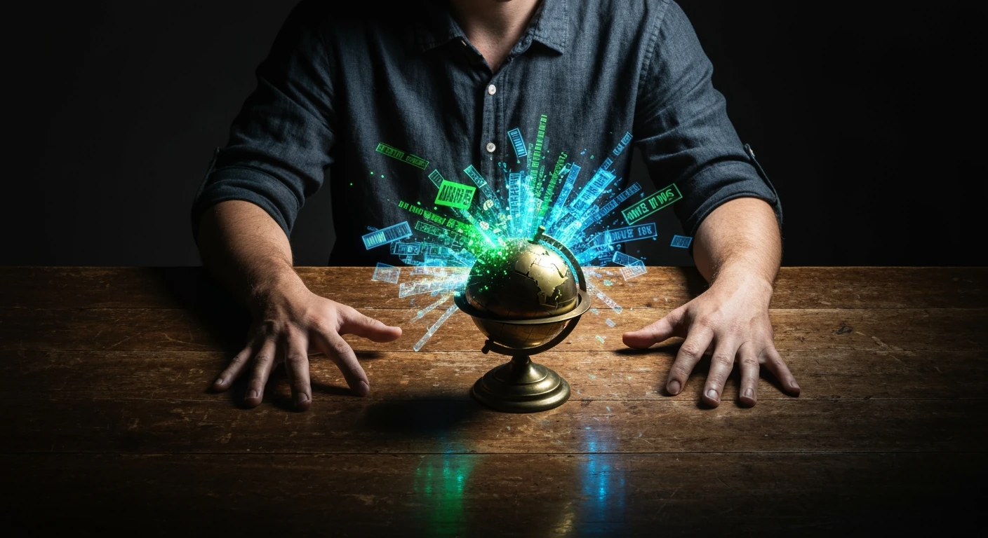 A person viewed from above, hands splayed on a dark wooden table covered in glowing, chaotic news streams and holographic headlines erupting from an antique brass globe, lit by a single harsh spotlight.