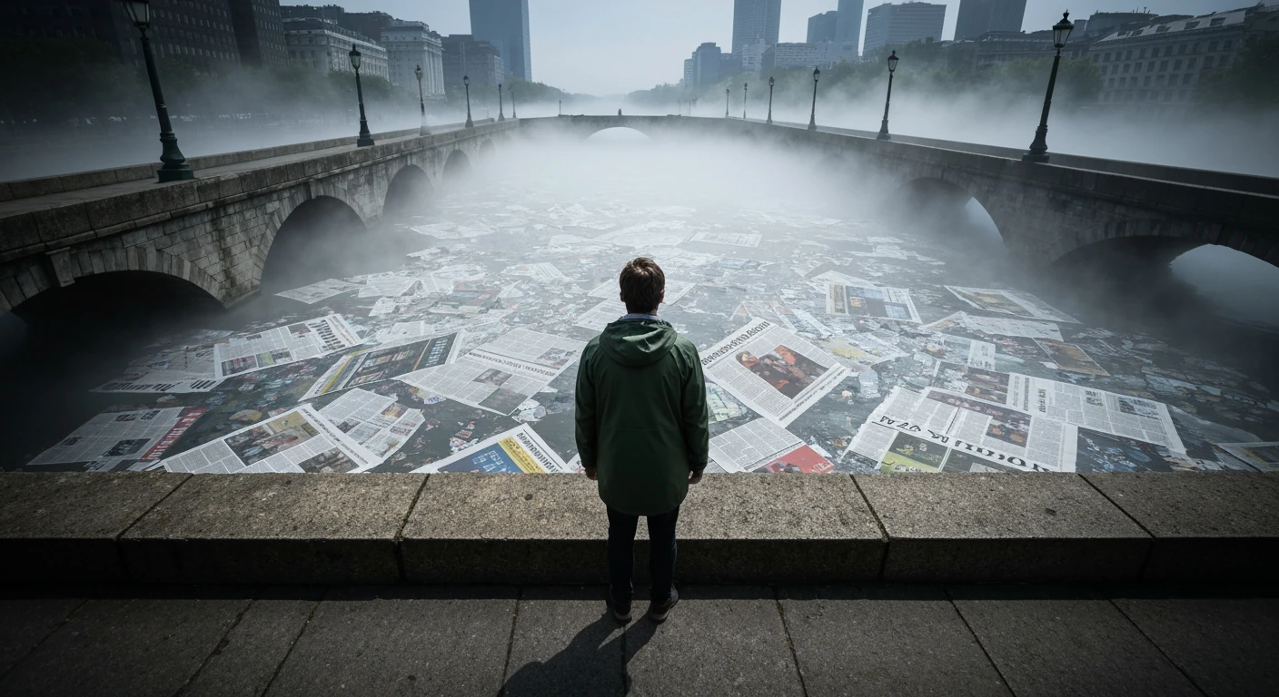 A person in a dark green rain jacket stands on a stone bridge, looking down at a swirling river of newspaper fragments and digital news streams, symbolizing the overwhelming modern news ecosystem.