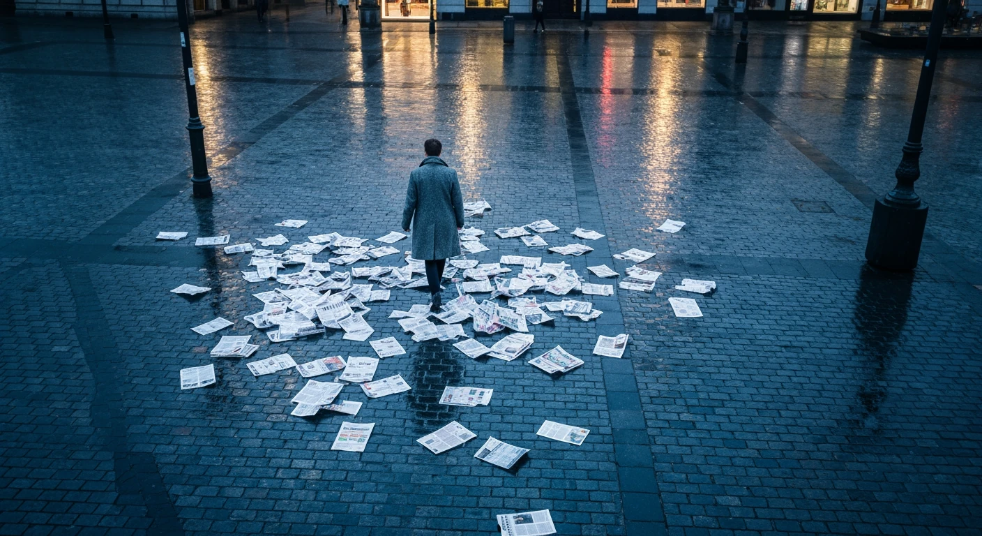 An aerial view of a person walking through a city square at dusk, surrounded by swirling discarded newspapers on wet cobblestones, reflecting the chaotic initial impact of global events.