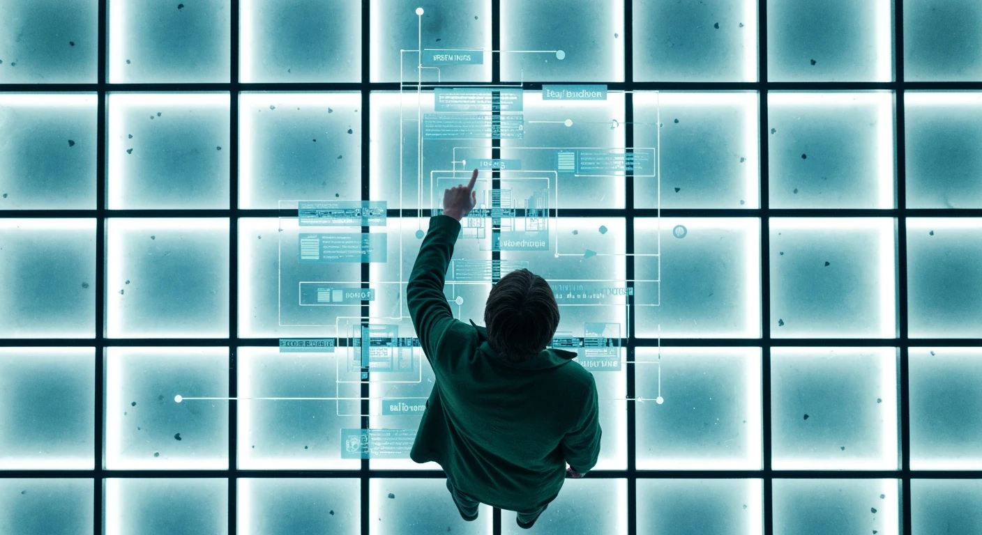 Aerial view of a person in a green jacket standing over an illuminated geometric pattern representing news data flows, at twilight, emphasizing critical information navigation.
