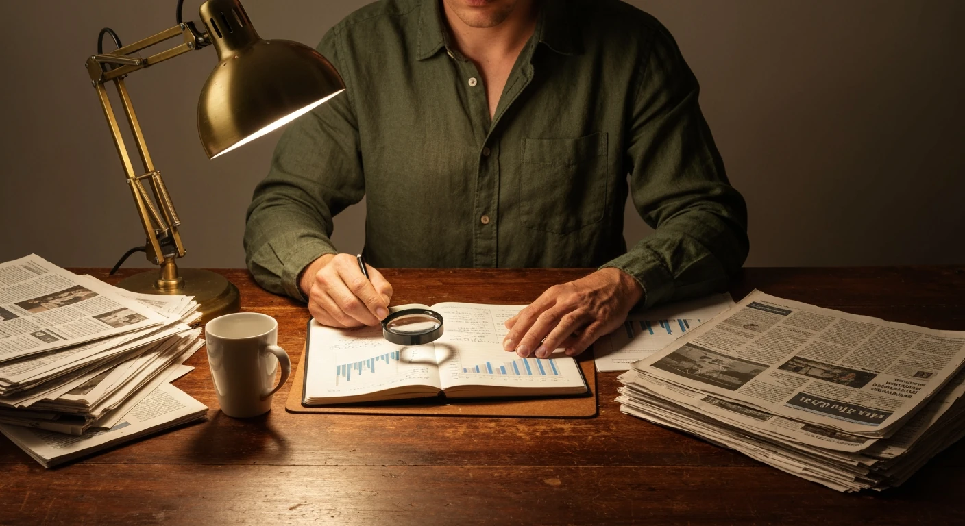 An individual analyzing news articles and data on a walnut desk with a magnifying glass and handwritten notes, illuminated by a vintage brass lamp, highlighting the process of expert news analysis.