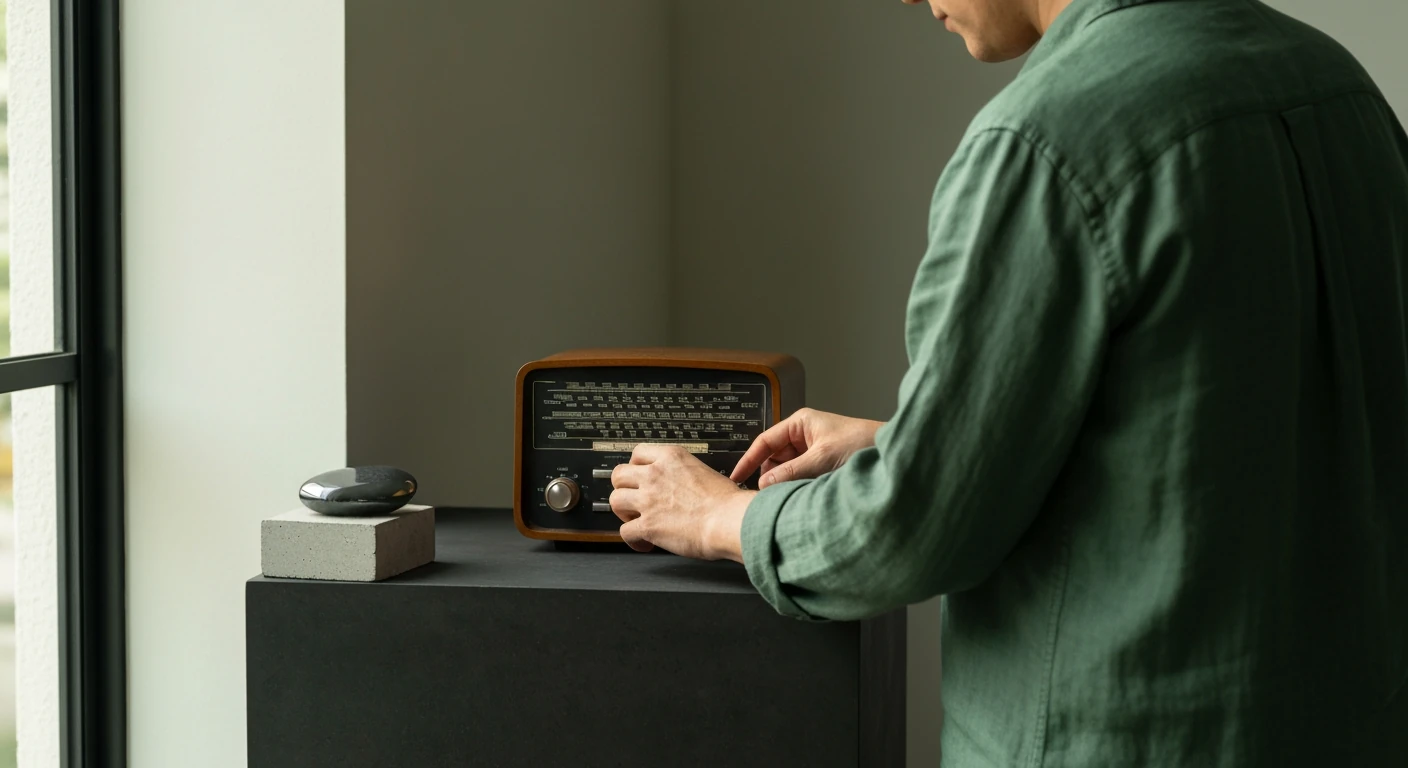 A person adjusting a vintage radio dial on a concrete console, symbolizing the complexity of global economic forecasts and expert predictions.