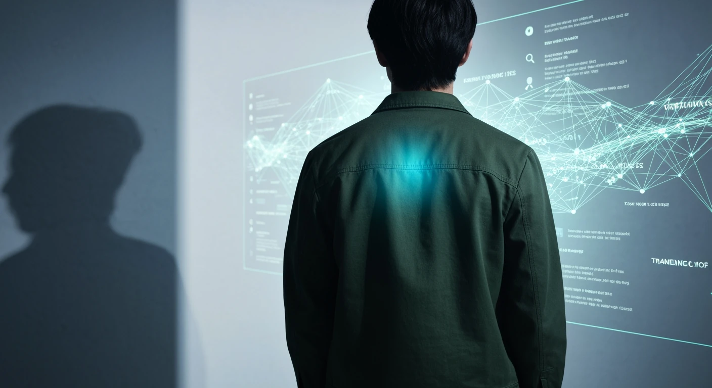 A person viewing a holographic display of real-time news headlines and trending search queries, illustrating the unique, fast-paced SEO landscape for news portals.