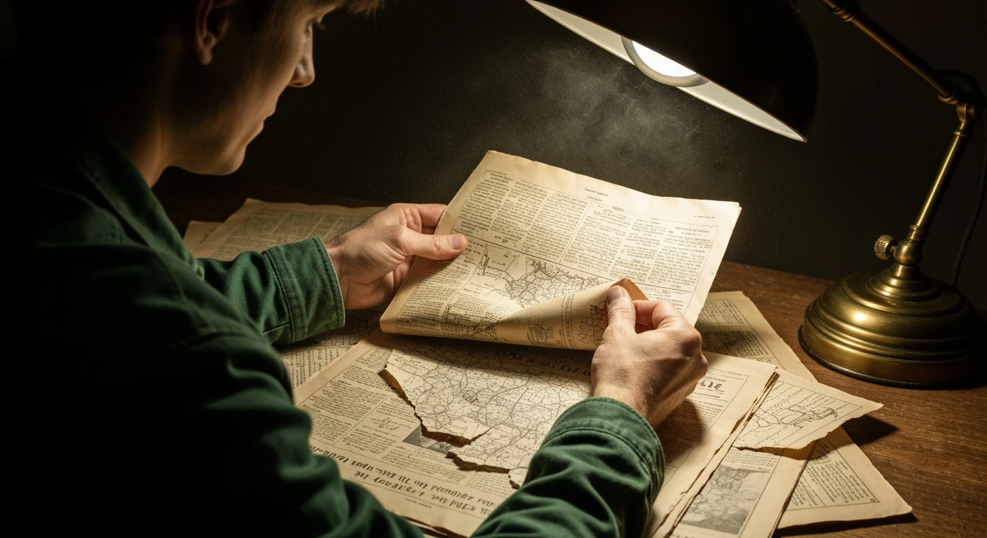 A person in a green jacket meticulously peeling back old newspaper headlines, revealing hidden maps underneath, lit by a dramatic side lamp.