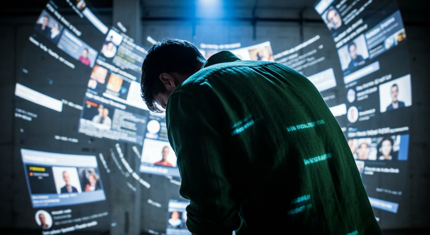 A person viewed from behind, their silhouette against a swirling vortex of rapidly scrolling digital news and social media feeds, depicting information overload in the digital age.