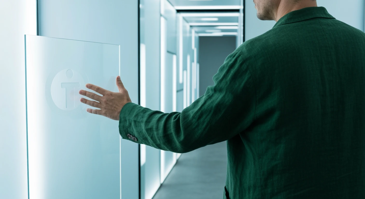 A person navigating a geometric frosted glass labyrinth, representing cognitive biases in news interpretation, with cool-toned lighting and abstract symbols.