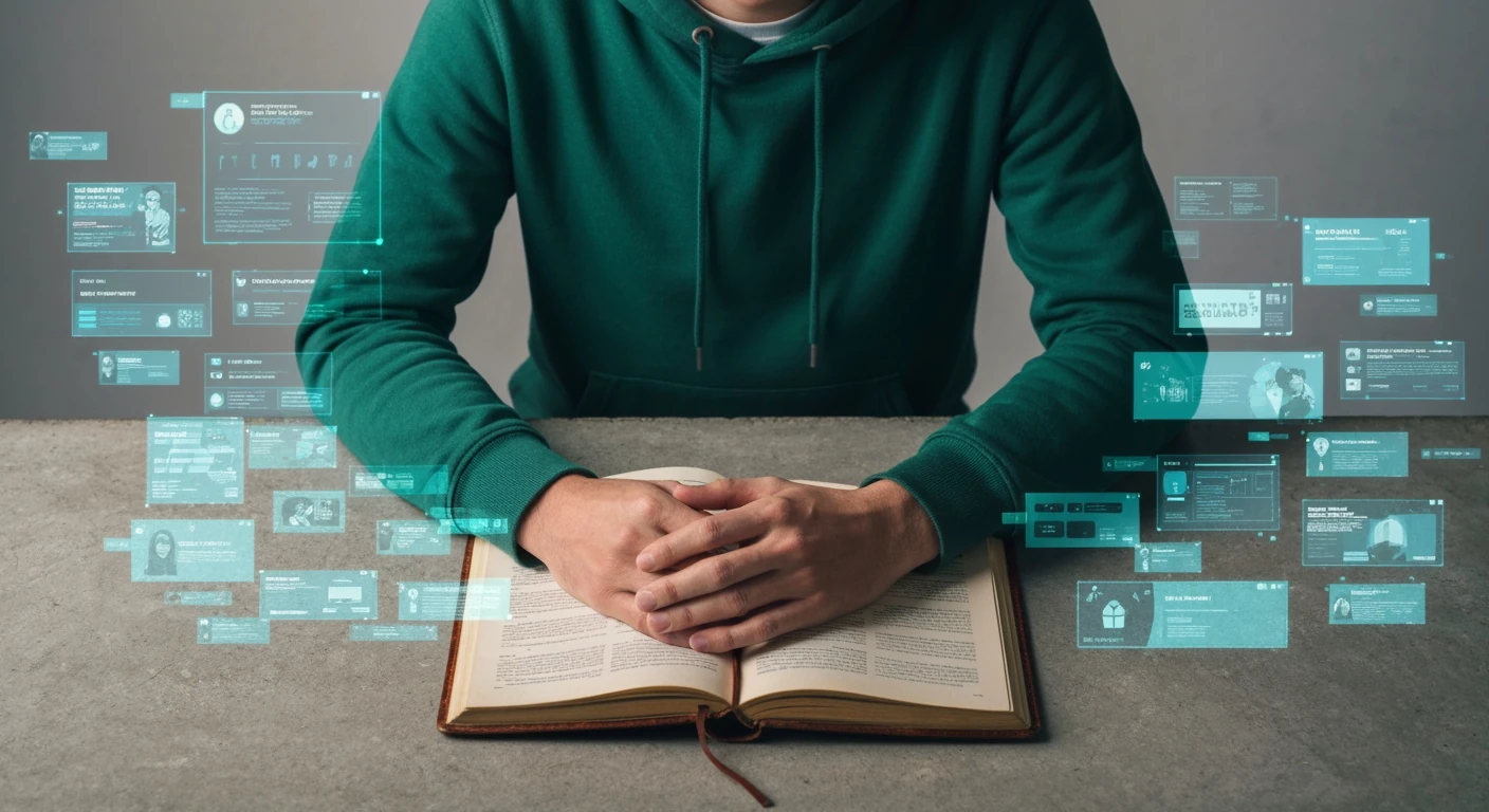 High-angle professional photo of a person in a green hoodie at a concrete table, surrounded by subtle glowing digital news feeds, illustrating information overload and the challenge of discerning truth amidst data streams.