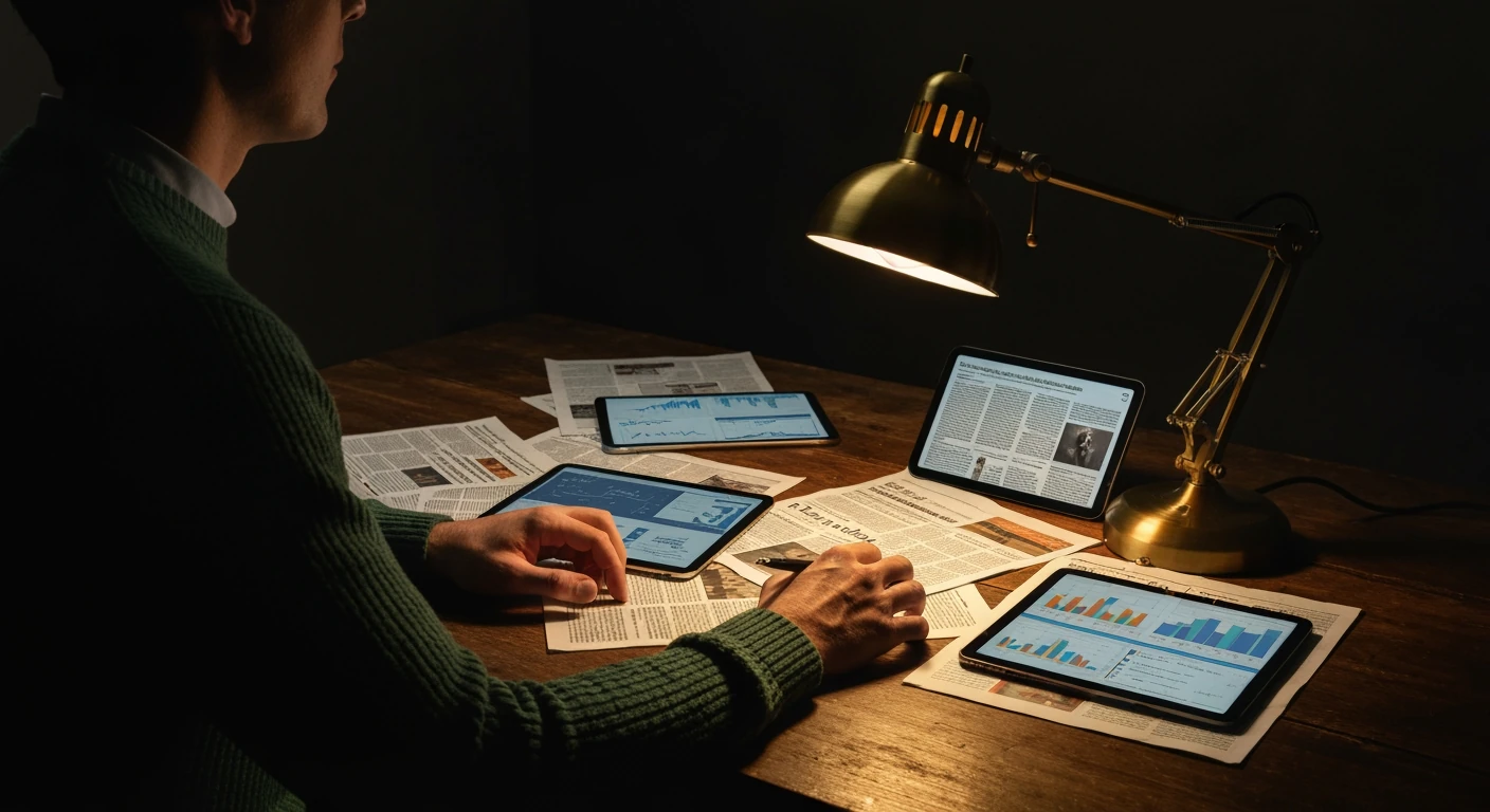 A person in a dark green sweater at a wooden desk, dramatically lit by a brass lamp, surrounded by news articles and digital screens, symbolizing information overload and focused filtering.