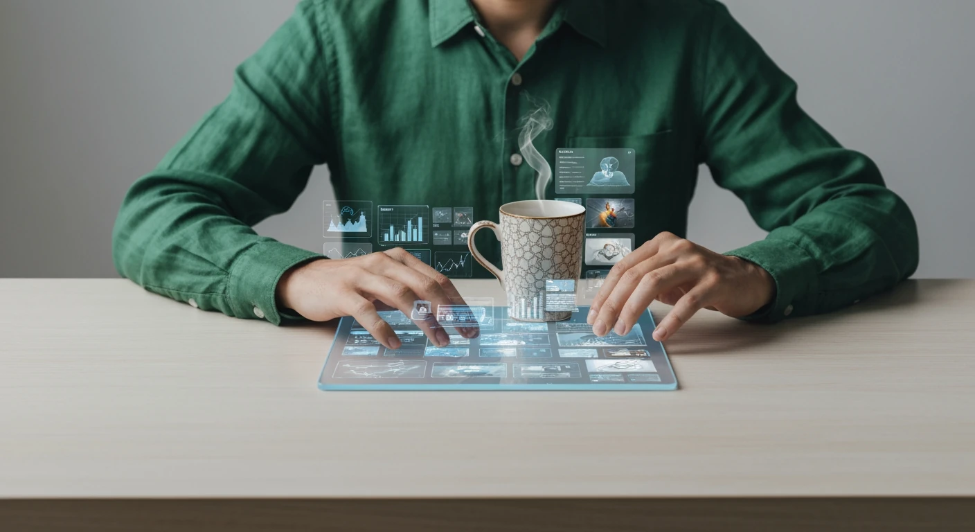 A person in a green shirt sifting through a flowing digital news feed on a transparent screen, demonstrating effective information filtering strategies for clarity in news consumption.