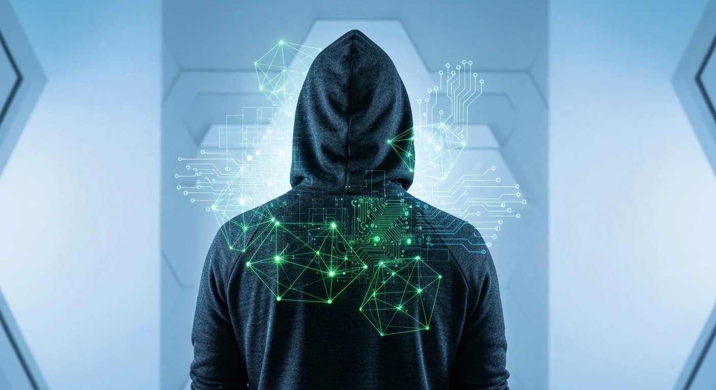 A person viewed from behind, silhouetted against a futuristic digital landscape with intersecting green and blue data streams, representing hidden data collection and digital footprint creation.