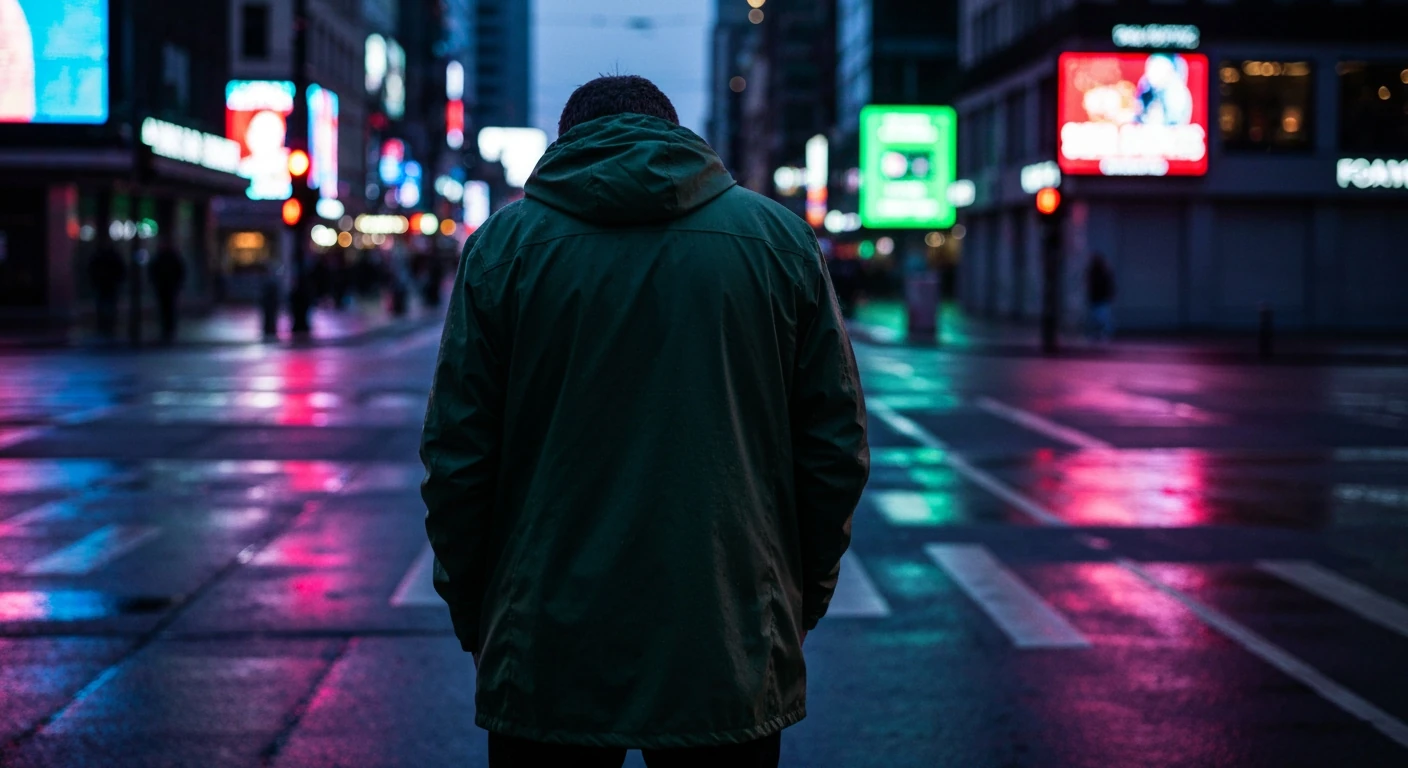 A person in a green rain jacket stands on a wet city street at dusk, surrounded by blurry, overwhelming digital screen reflections, symbolizing information overload.