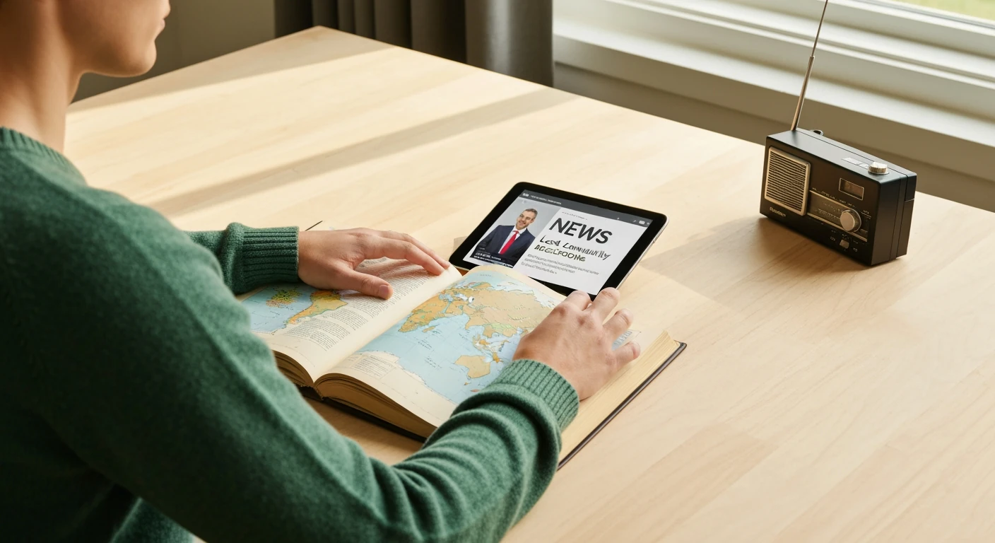 A person viewing news on a tablet and an open atlas, symbolizing the connection between global and local news, on a light wooden desk under soft daylight.