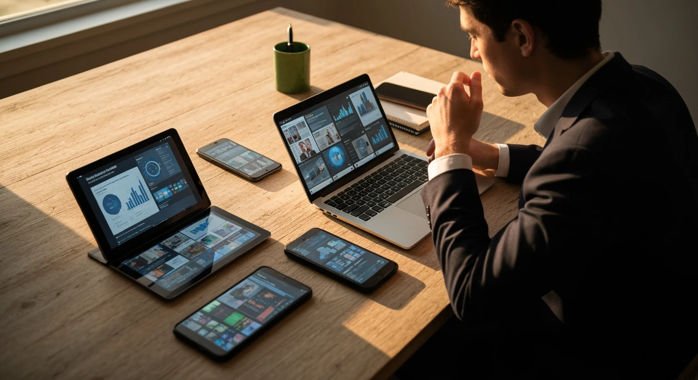 A person surrounded by multiple devices displaying fragmented global news, illustrating information overload and cognitive burden from constant news consumption.