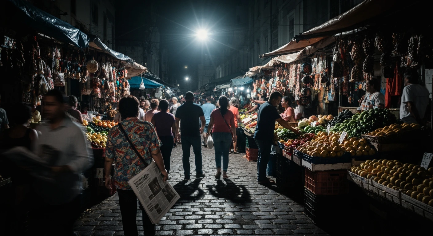 A bustling Brazilian street market ('feira livre') at twilight, with dramatic lighting highlighting vendors and a person holding a newspaper, symbolizing the diverse news landscape.