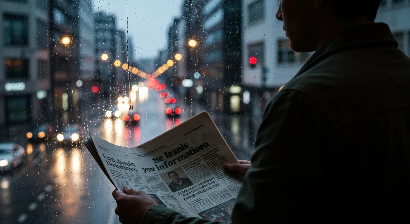 A person in an olive green jacket, seen from behind, holding a multi-language newspaper at a rain-streaked window overlooking a city street at dusk, contemplating global news.