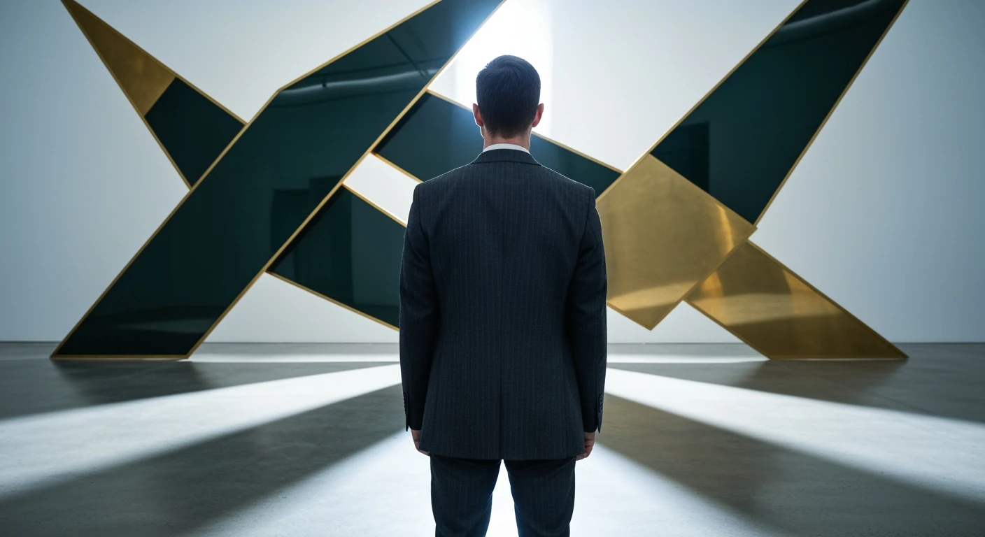 Person in a charcoal blazer stands before a geometric art installation with dark green and brass panels, representing Brazil's economic balance.
