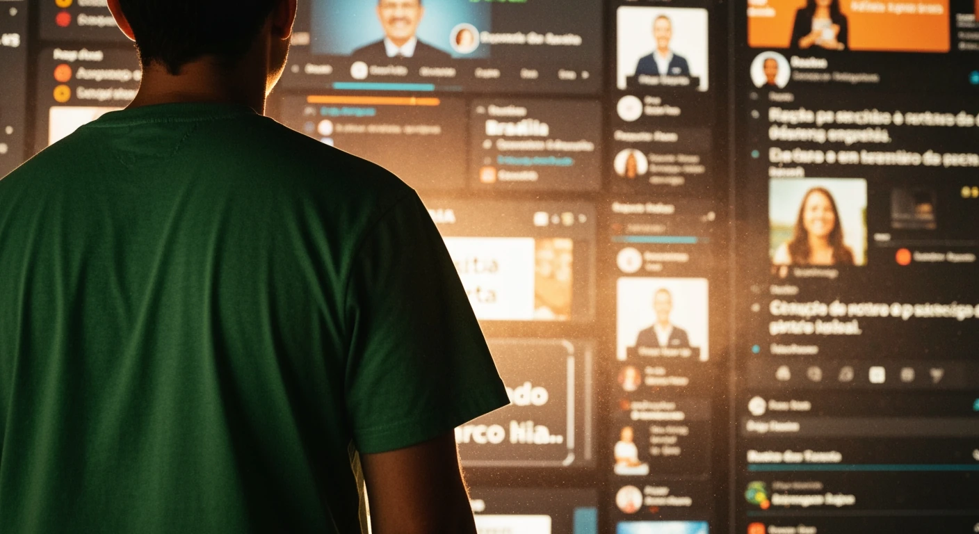 A person viewed from behind, silhouetted against multiple overlapping digital screens displaying Brazilian news headlines, social media feeds, and political updates, illustrating information overload.