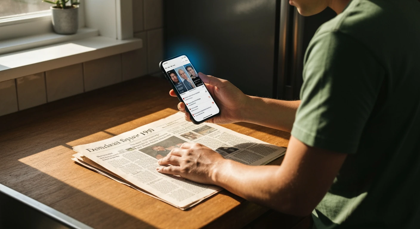 A person viewing a modern smartphone's news feed over a vintage newspaper, illustrating the evolution of news consumption.
