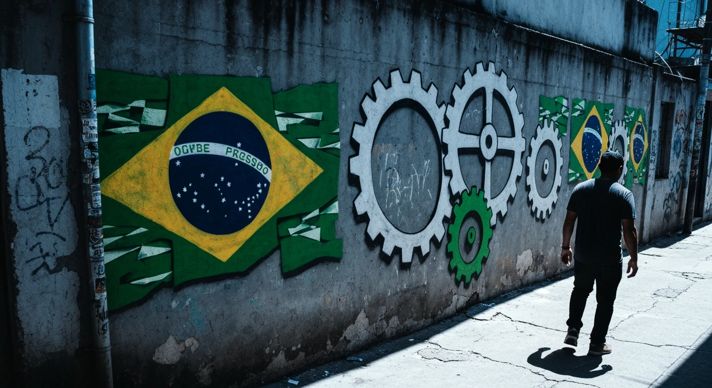 High-contrast image of political graffiti on a concrete wall in a Brazilian favela, with a person walking by. Represents the complex, dynamic nature of Brazilian politics and societal issues.