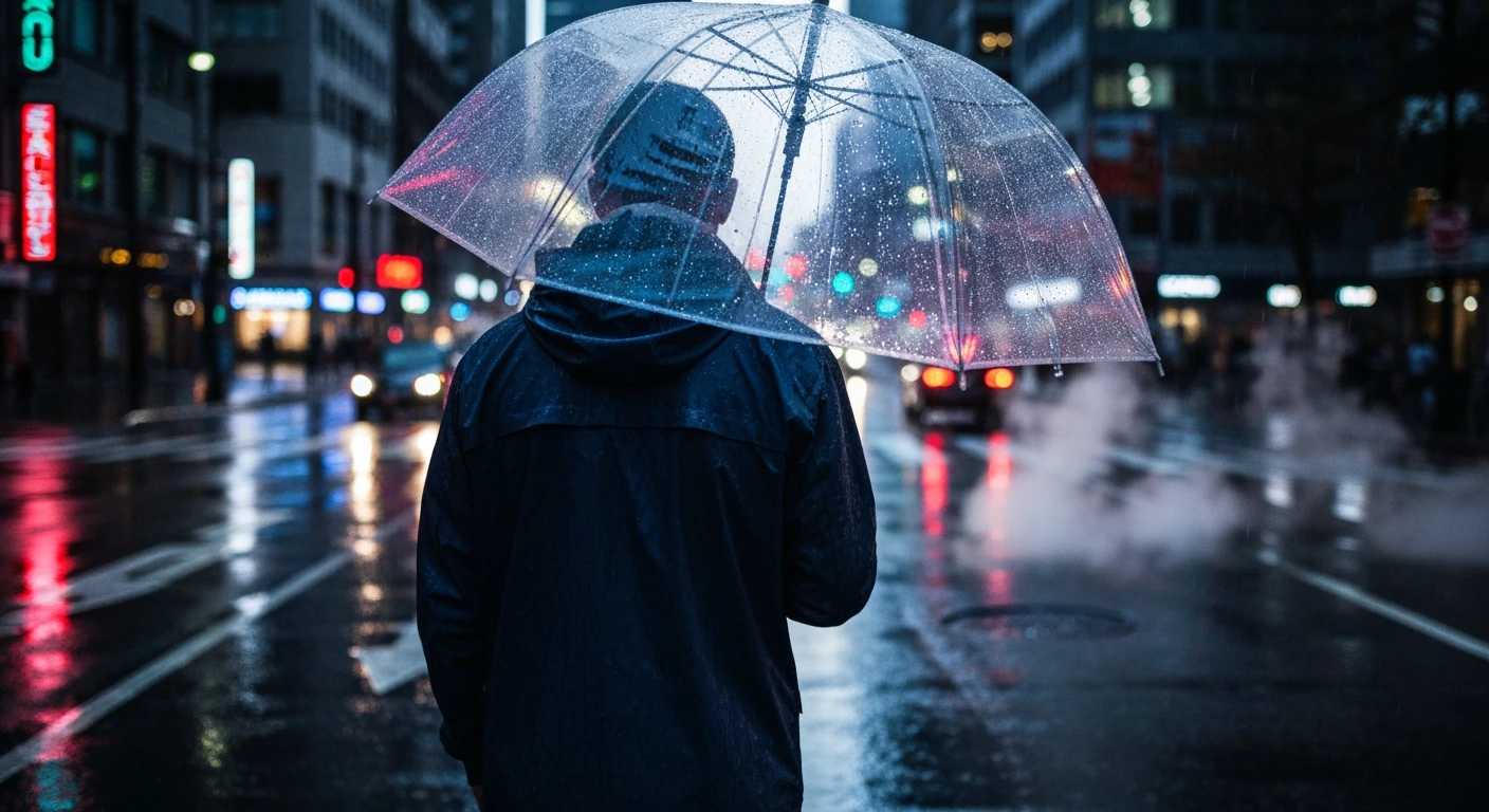 A person in a navy rain jacket walks down a wet, neon-lit city street at dusk, reflecting global and local news impacts on daily life.
