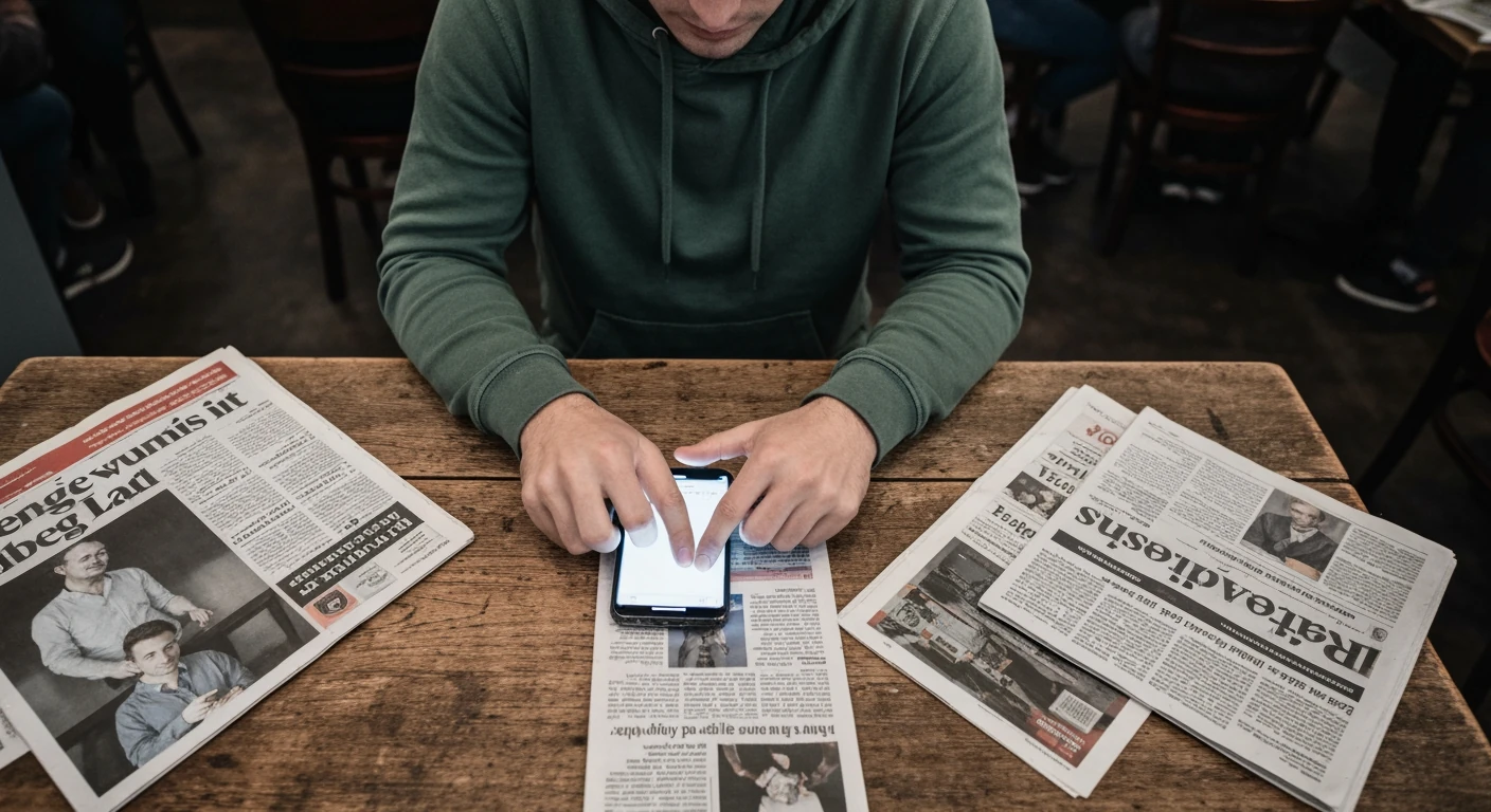 Overhead view of a person rapidly swiping on a smartphone amidst scattered newspaper sections on a café table, illustrating information overload and digital news consumption.